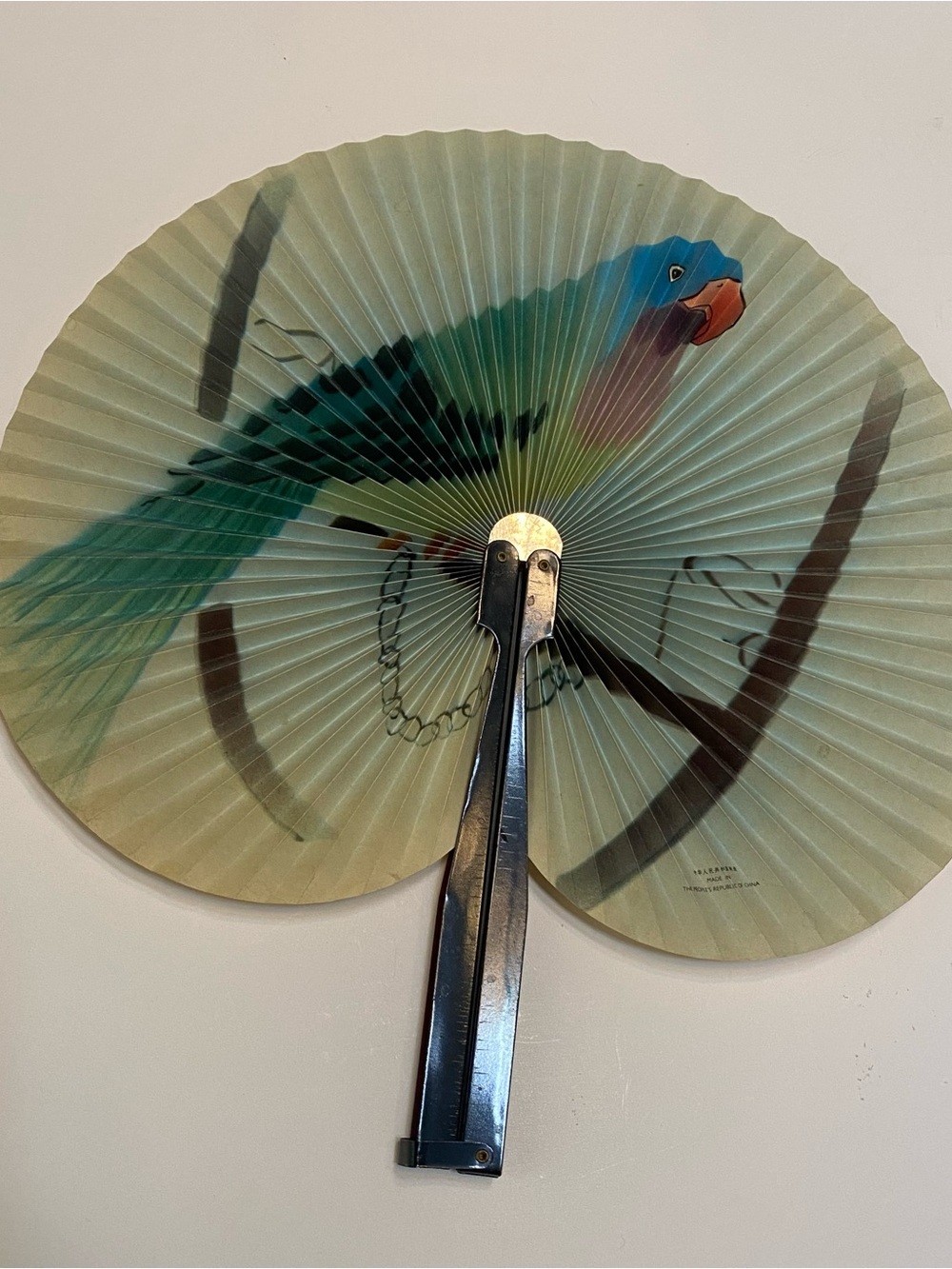 Vintage Chinese Folding Paper Fan, Colorful Bird Artwork, Mid‑Century Fan